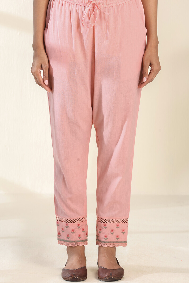 Pink Handcrafted Cotton Narrow Pants