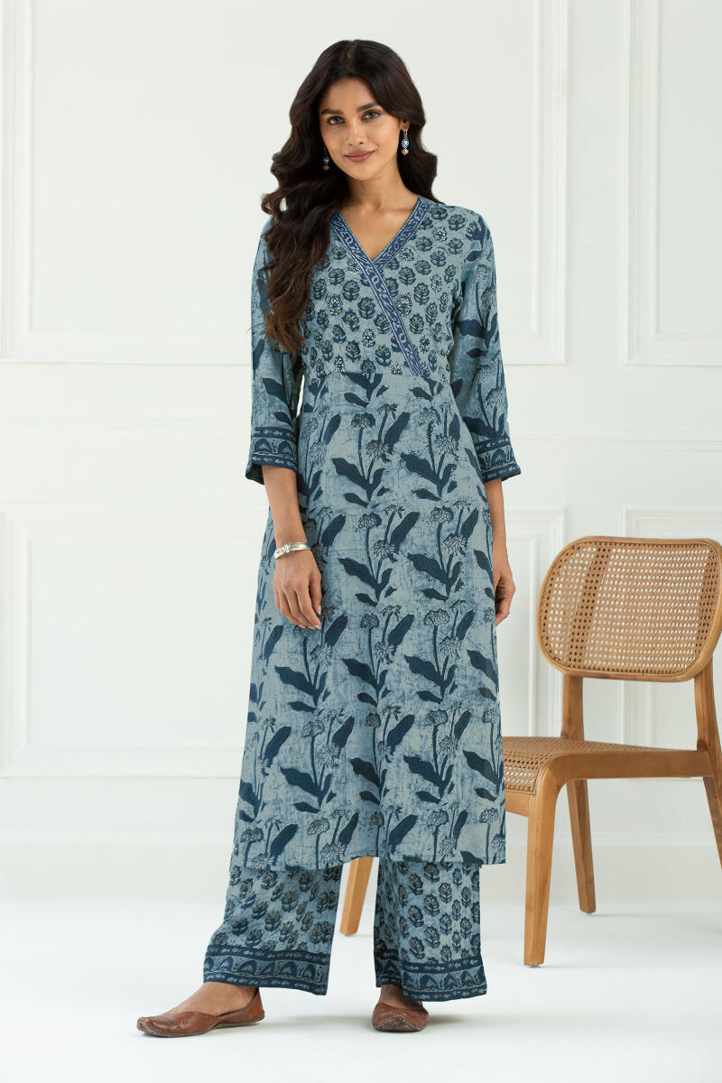 Indigo Block Printed Straight Cotton Modal Kurta