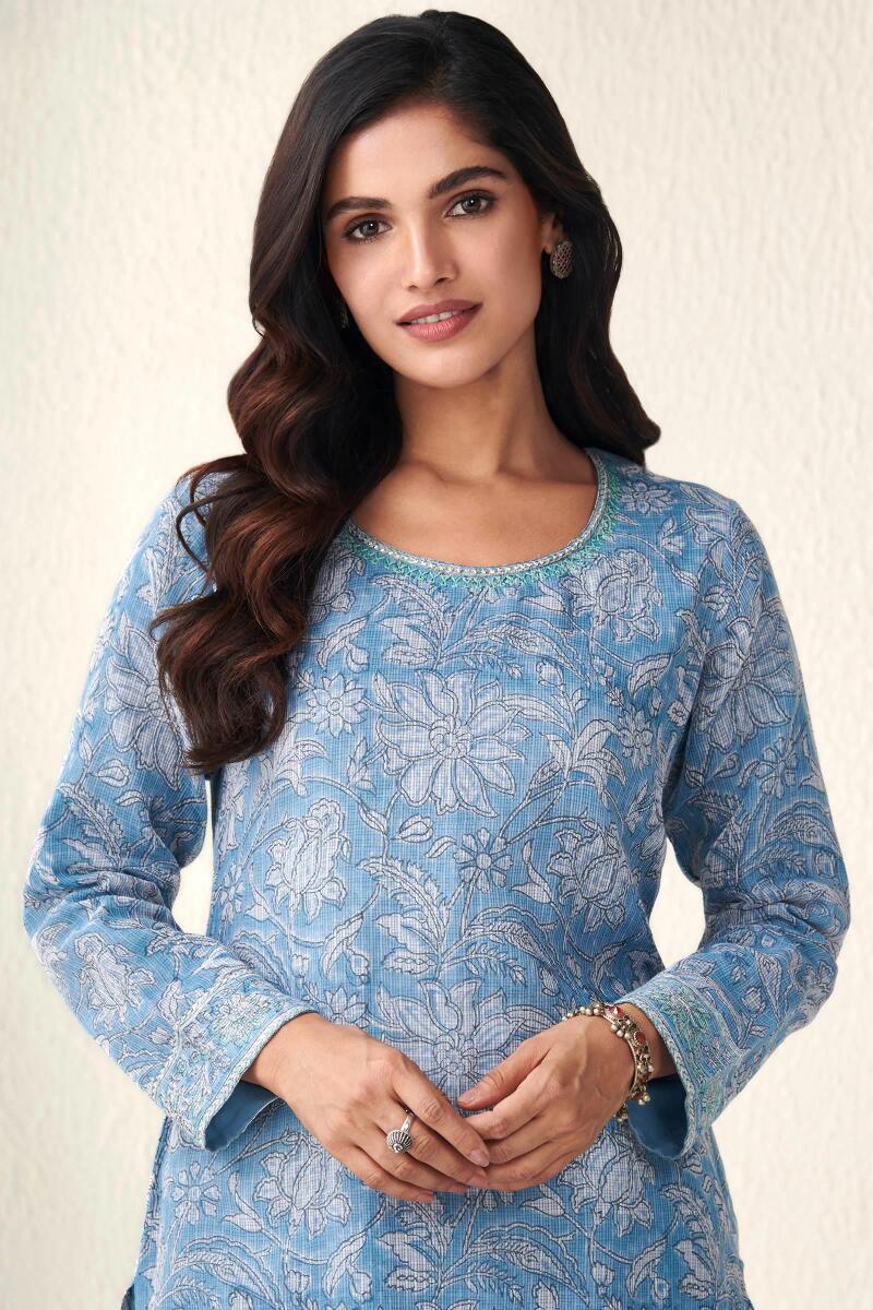 Blue Hand Block Printed Straight Kota Kurta