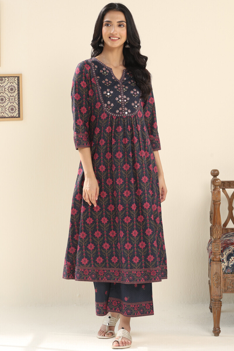 Navy Blue Printed A-Line Cotton Kurta