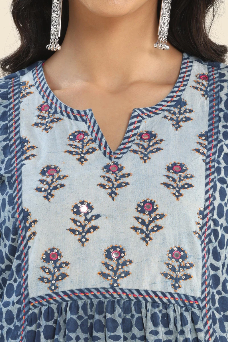 Indigo Hand Block Printed Cotton A-Line Kurta
