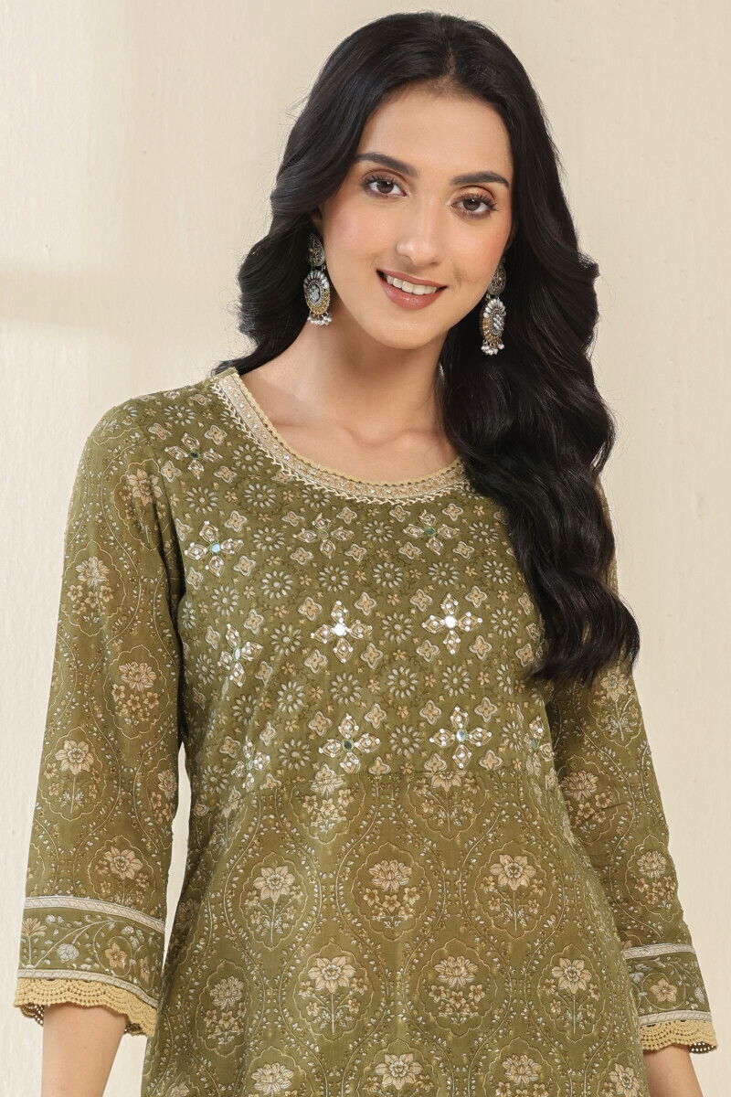 Green Hand Block Printed Straight Cotton Kurta