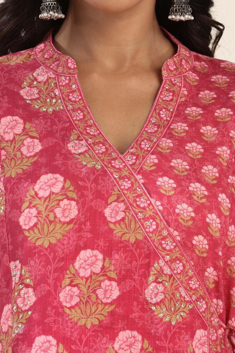 Pink Printed Angrakha Cotton Slub Kurta