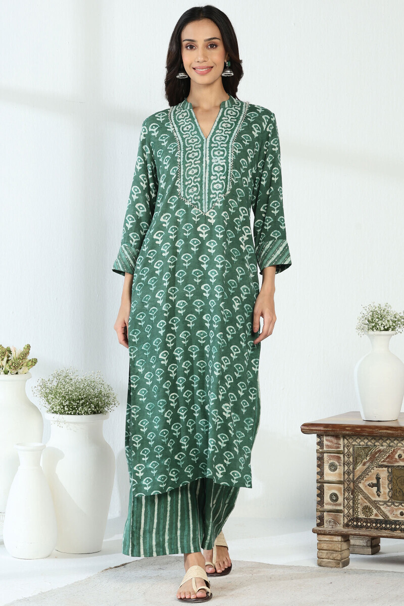 Green Hand Block Printed Straight Modal Kurta