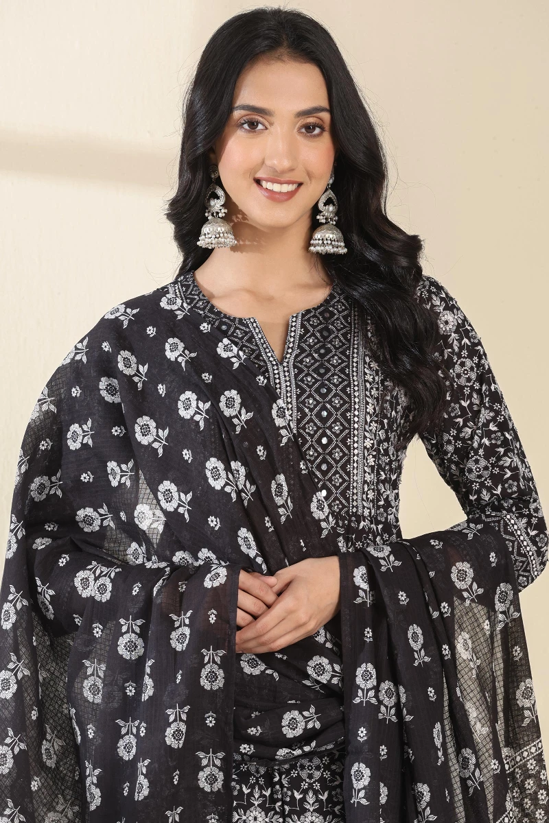 Black Hand Printed Kota Dupatta
