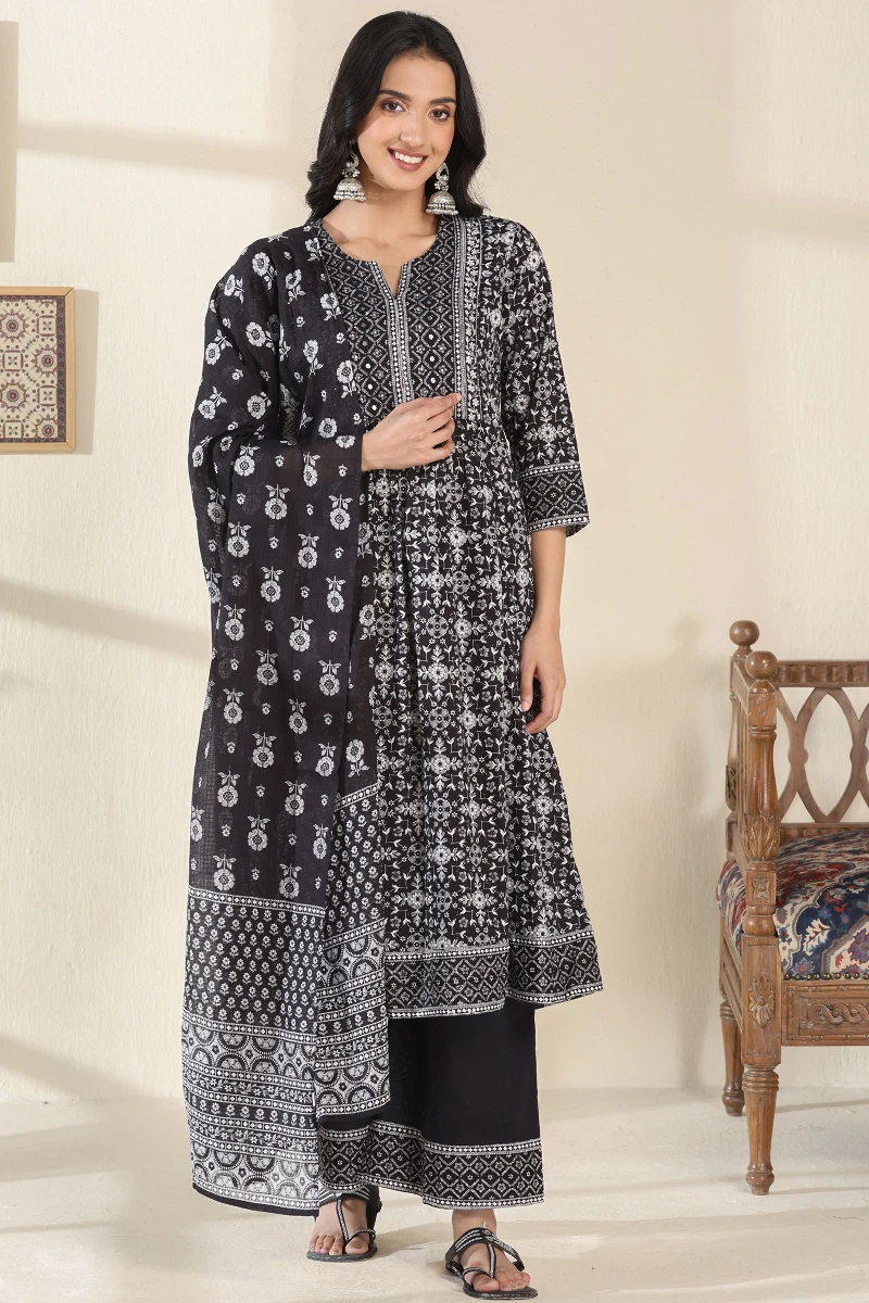 Black Hand Printed A-Line Cotton Dobby Kurta