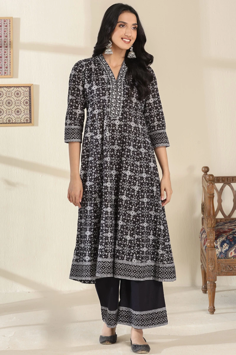 Black Hand Printed Anarkali Cotton Dobby Kurta