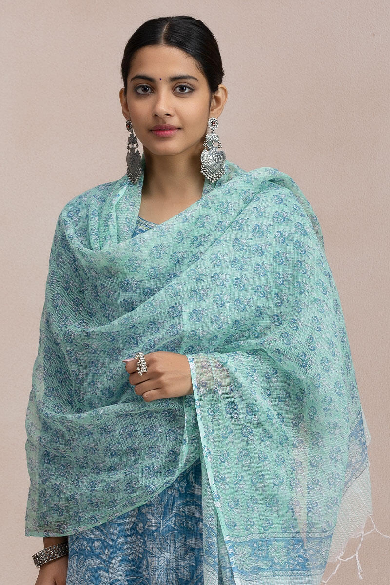 Green Block Printed Kota Dupatta