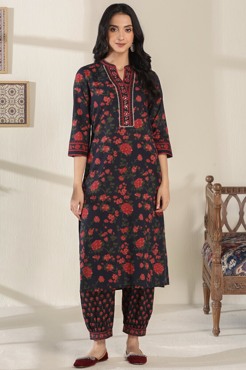 Black Printed Straight Cotton Kurta