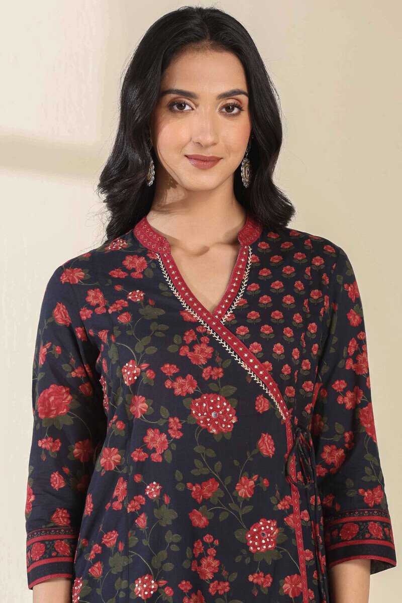 Black Printed Cotton Angrakha Kurta