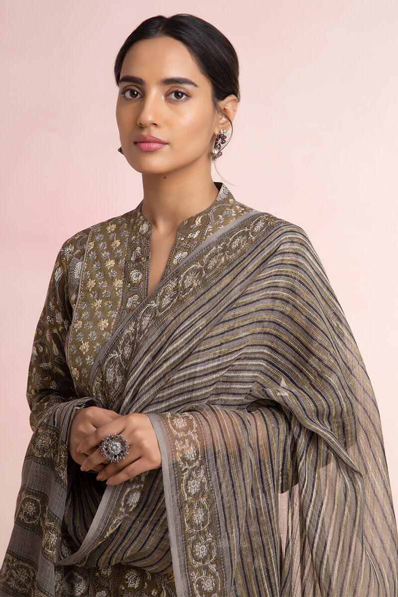 Grey Block Printed Kota Dupatta