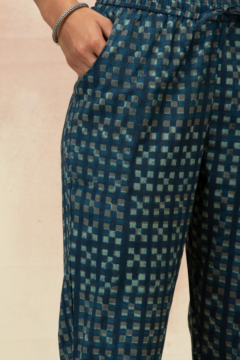 Indigo Block Printed Cotton Narrow Pants