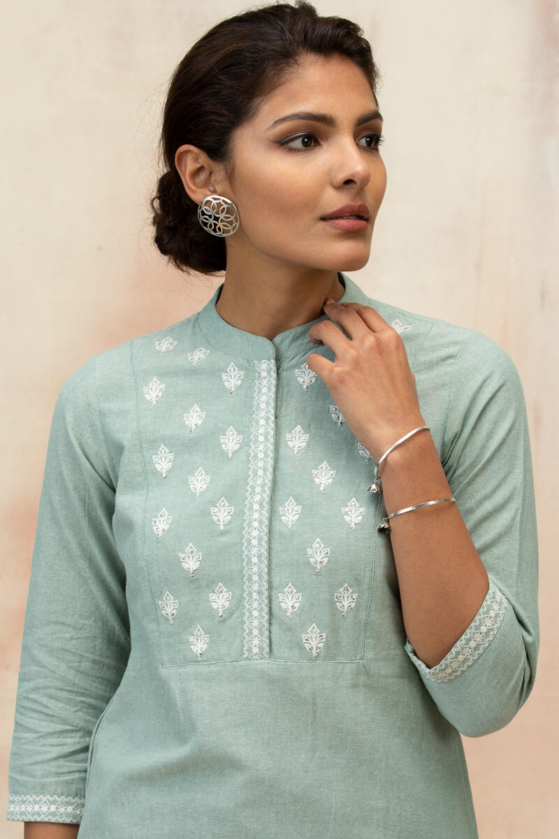 Green Handcrafted Straight Cotton Kurta