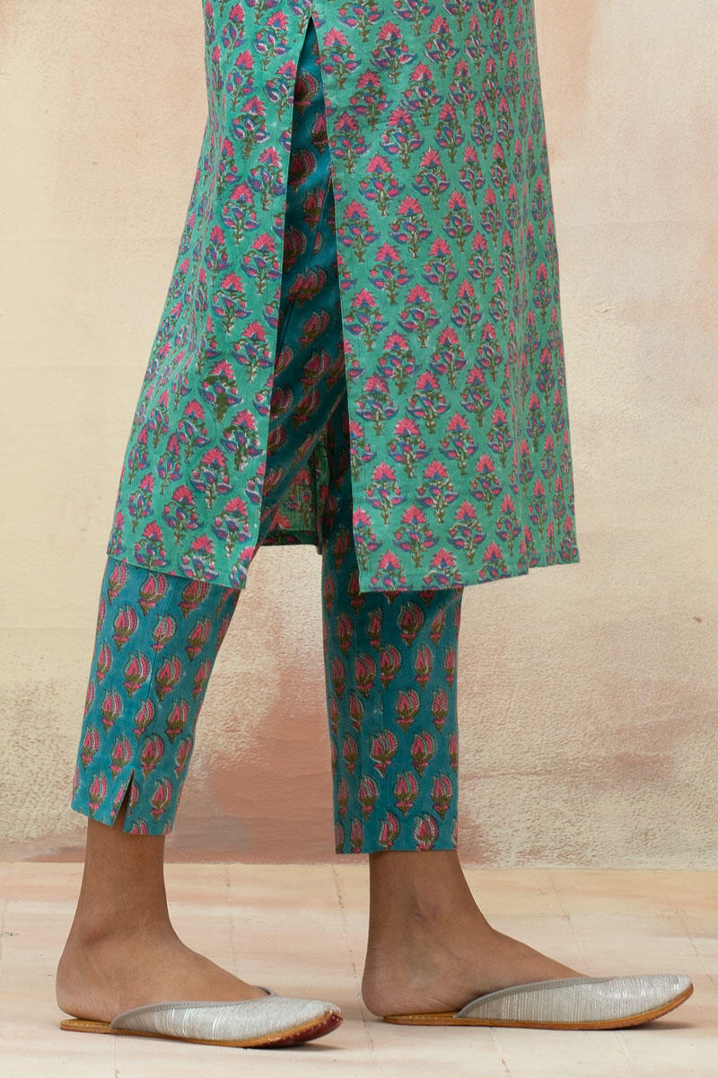 Green Block Printed Straight Cotton Kurta