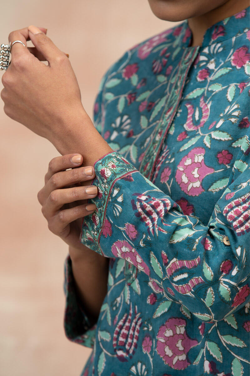 Turquoise Block Printed Straight Cotton Kurta