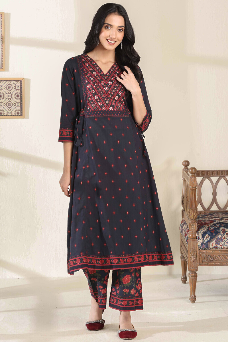 Black Printed A-Line Cotton Kurta