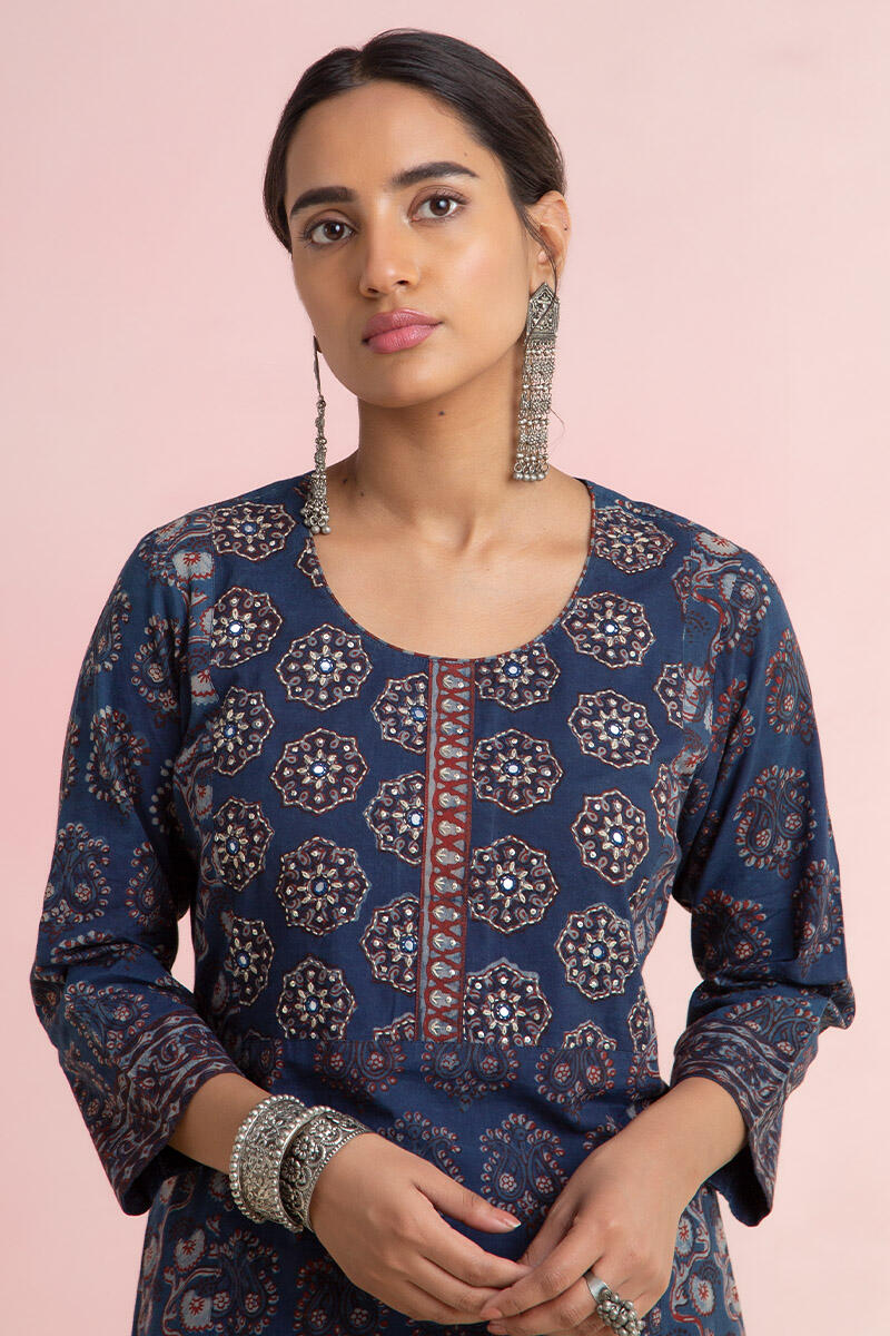 Buy Indigo Block Printed Straight Cotton Kurta for Women FGMK20 38 Farida Gupta