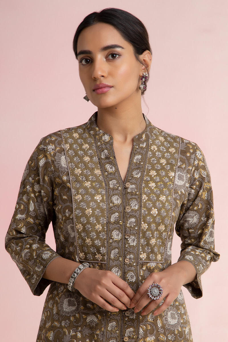 Brown Block Printed Straight Cotton Kurta