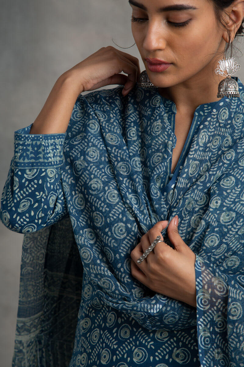Blue Block Printed Kota Dupatta