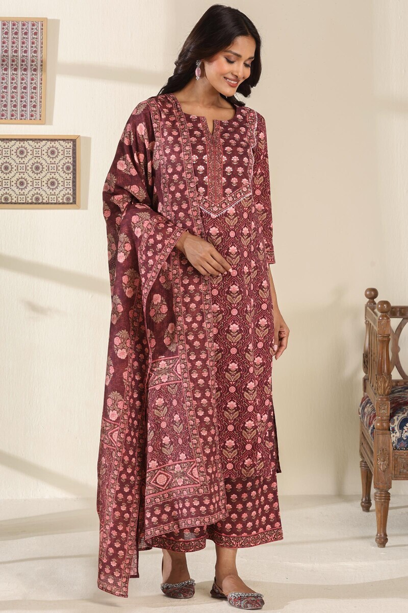 Brown Printed Straight Cotton Slub Kurta