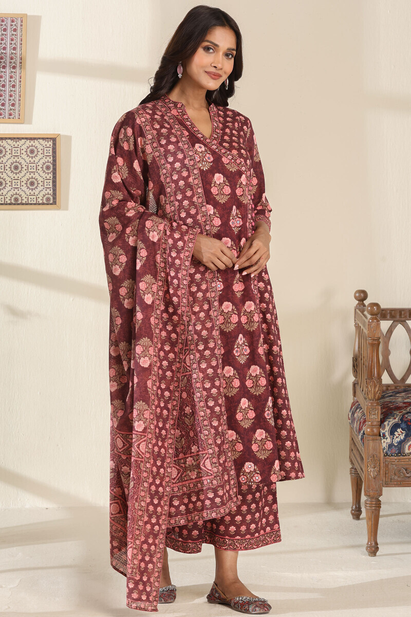 Brown Printed Angrakha Cotton Slub Kurta