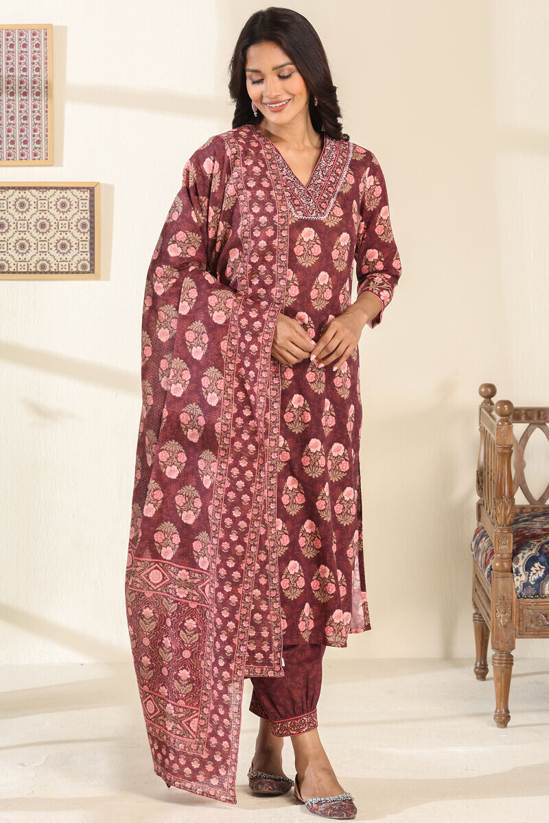 Brown Printed Straight Cotton Slub Kurta