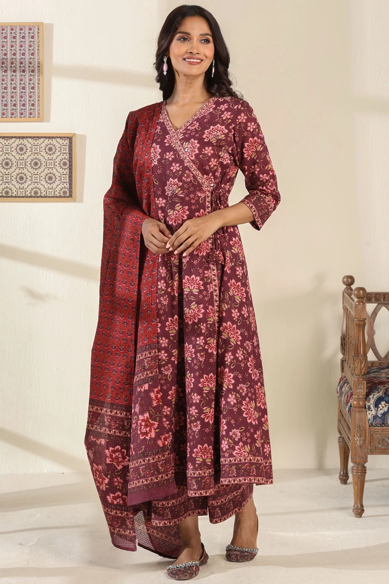 Purple Hand Printed Angrakha Cotton Slub Kurta
