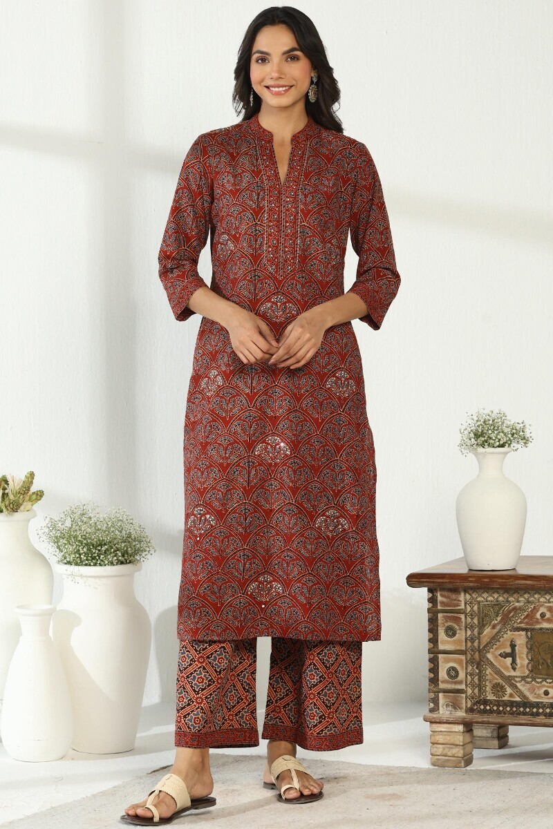 Ajrakh Hand Block-Printed Straight Cotton Kurta