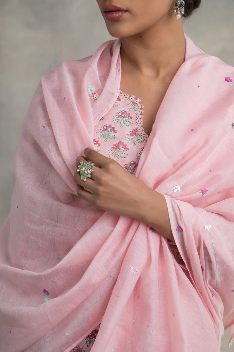 Pink Handcrafted Cotton Silk Dupatta