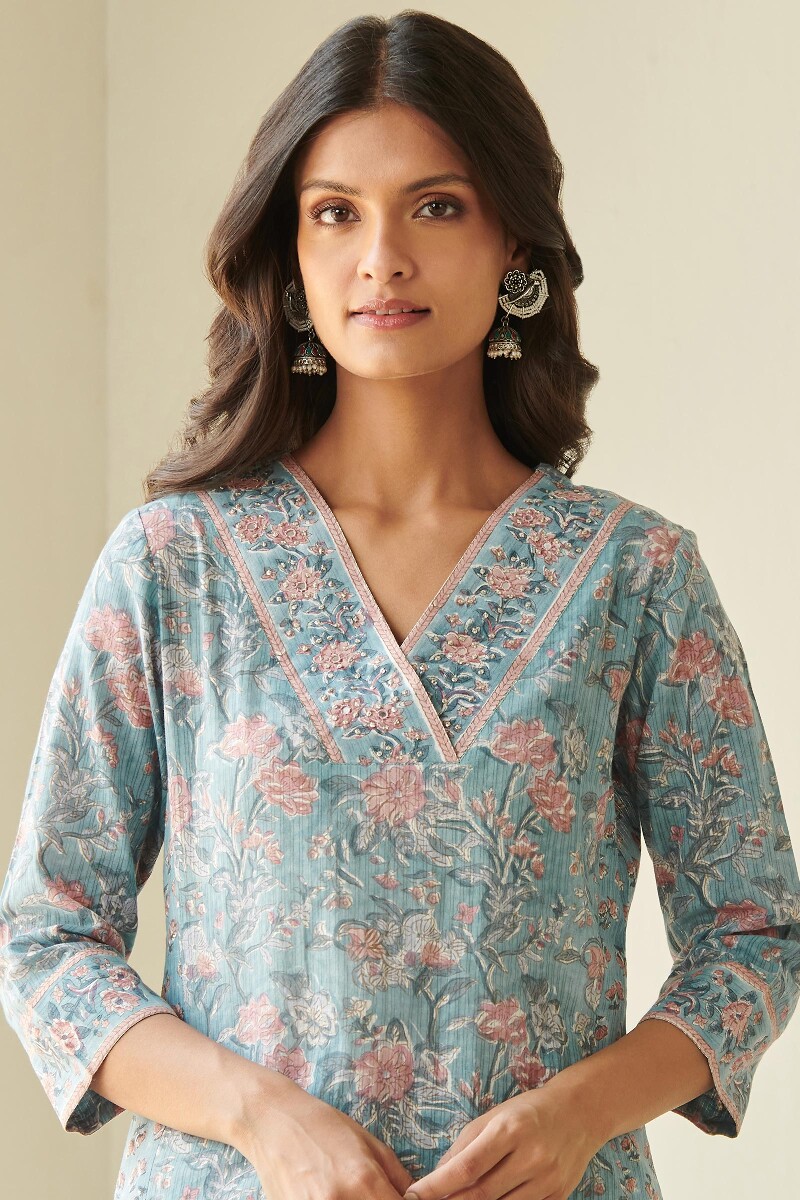 Blue Hand Block Printed A-Line Cotton Kurta