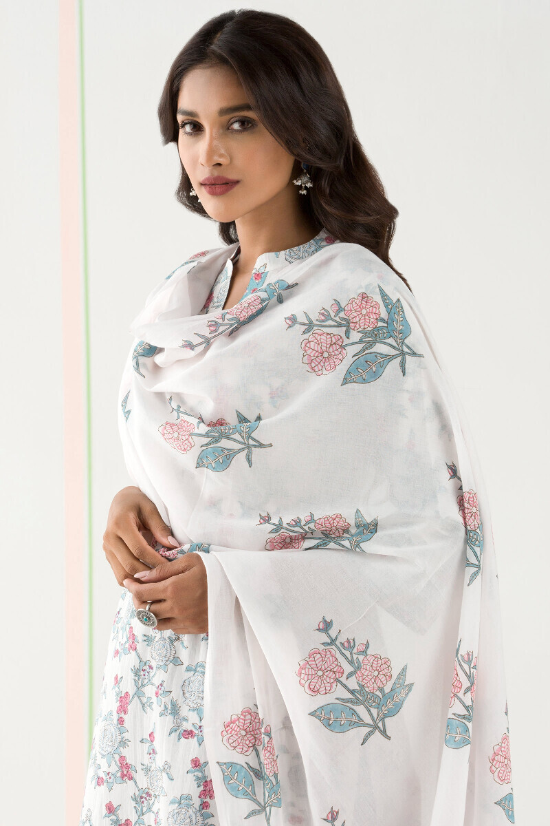 White Block Printed Cotton Dupatta