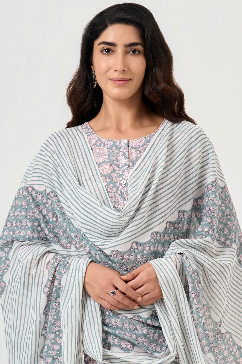 Blue Block Printed Cotton Dupatta