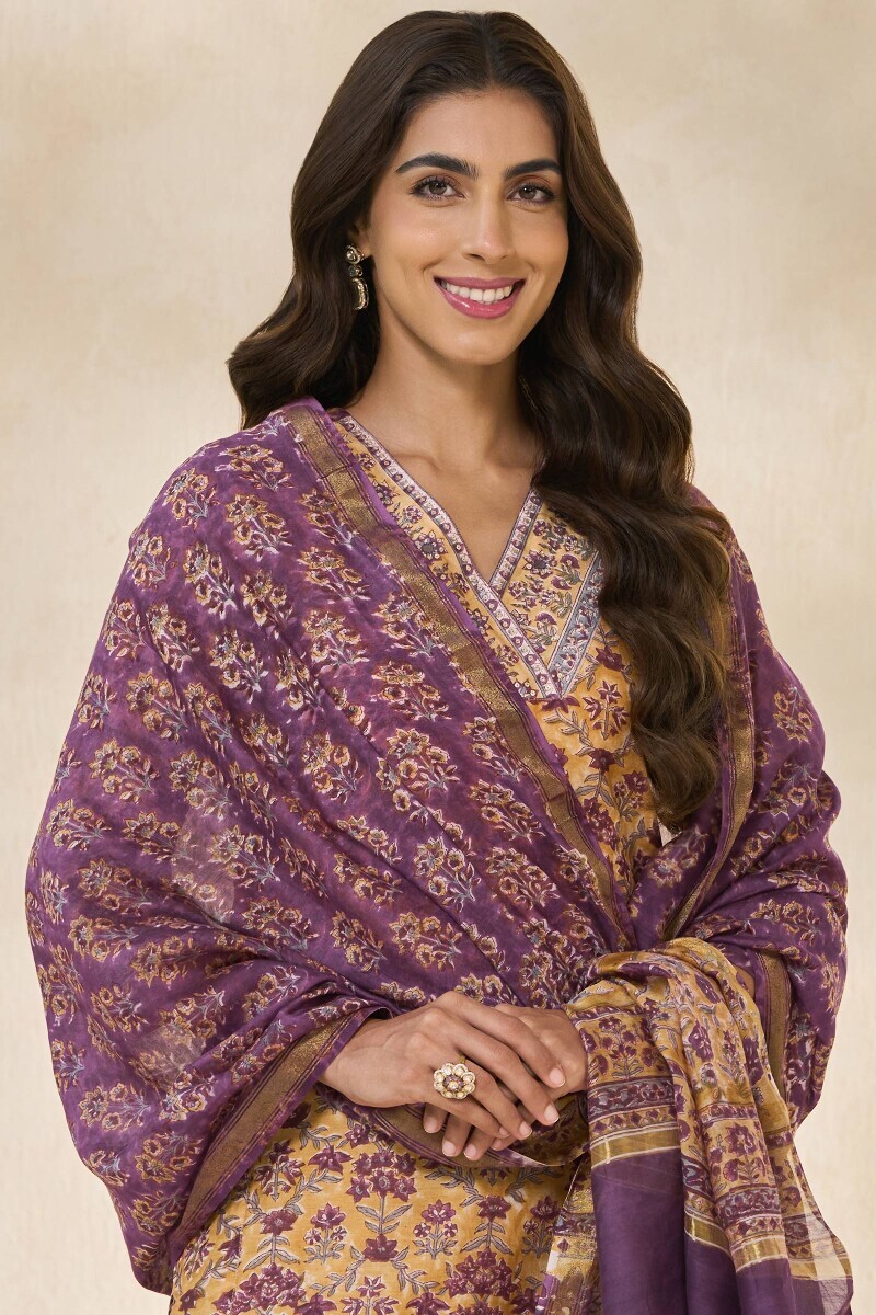 Purple Hand Block-Printed Chanderi Dupatta