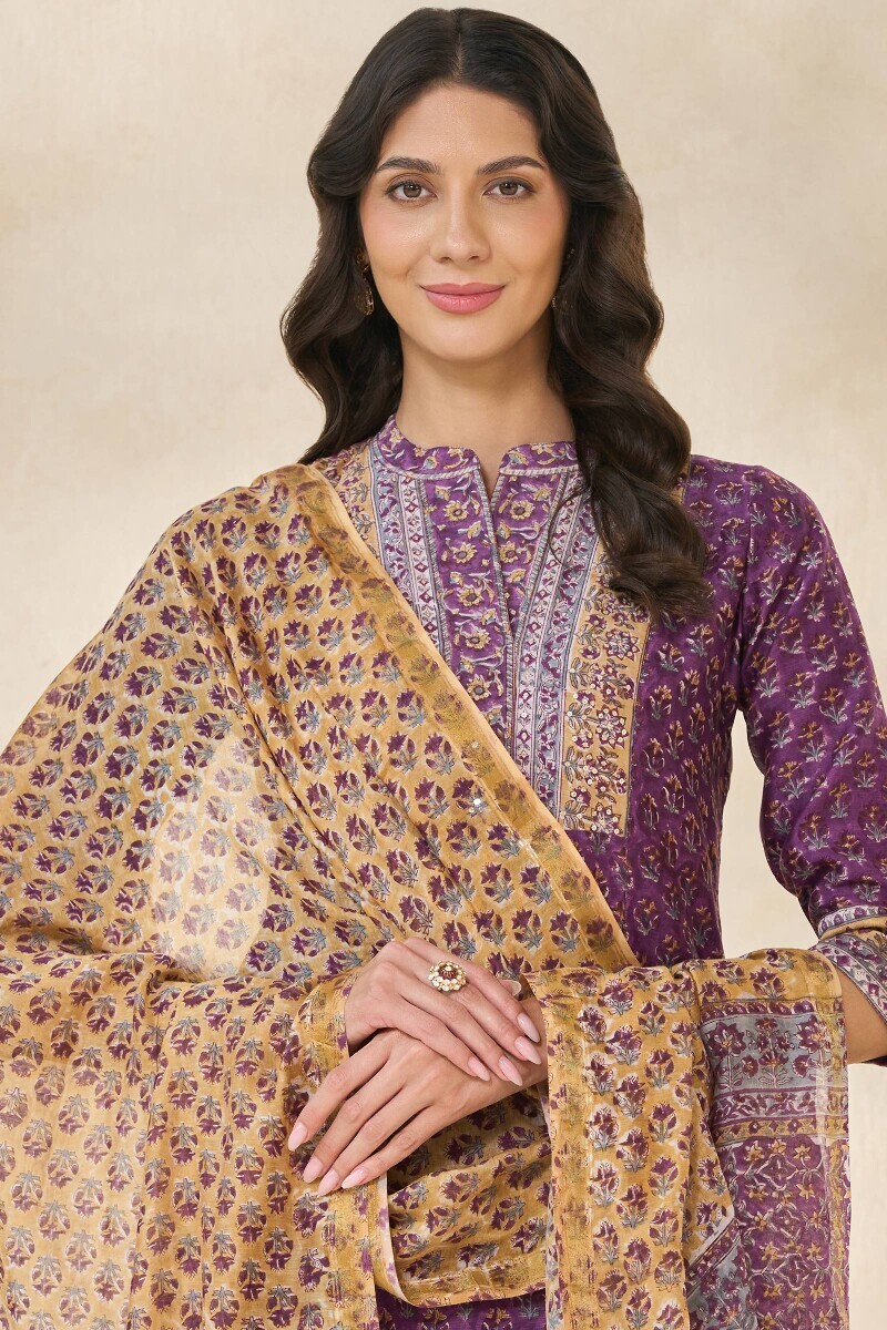 Yellow Hand Block-Printed Chanderi Dupatta