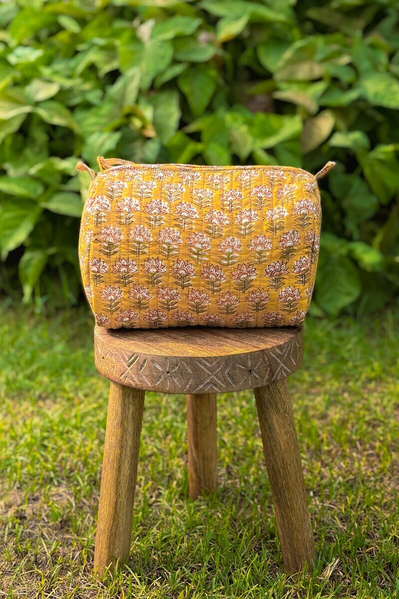 Yellow Hand Block-Printed Cotton Vanity Pouch