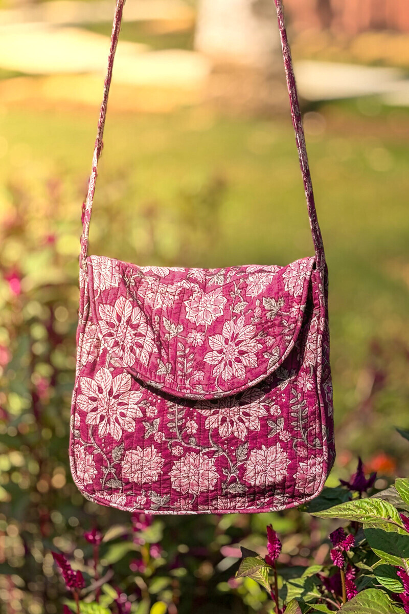 Purple Hand Block-Printed Cotton Crossbody Bag