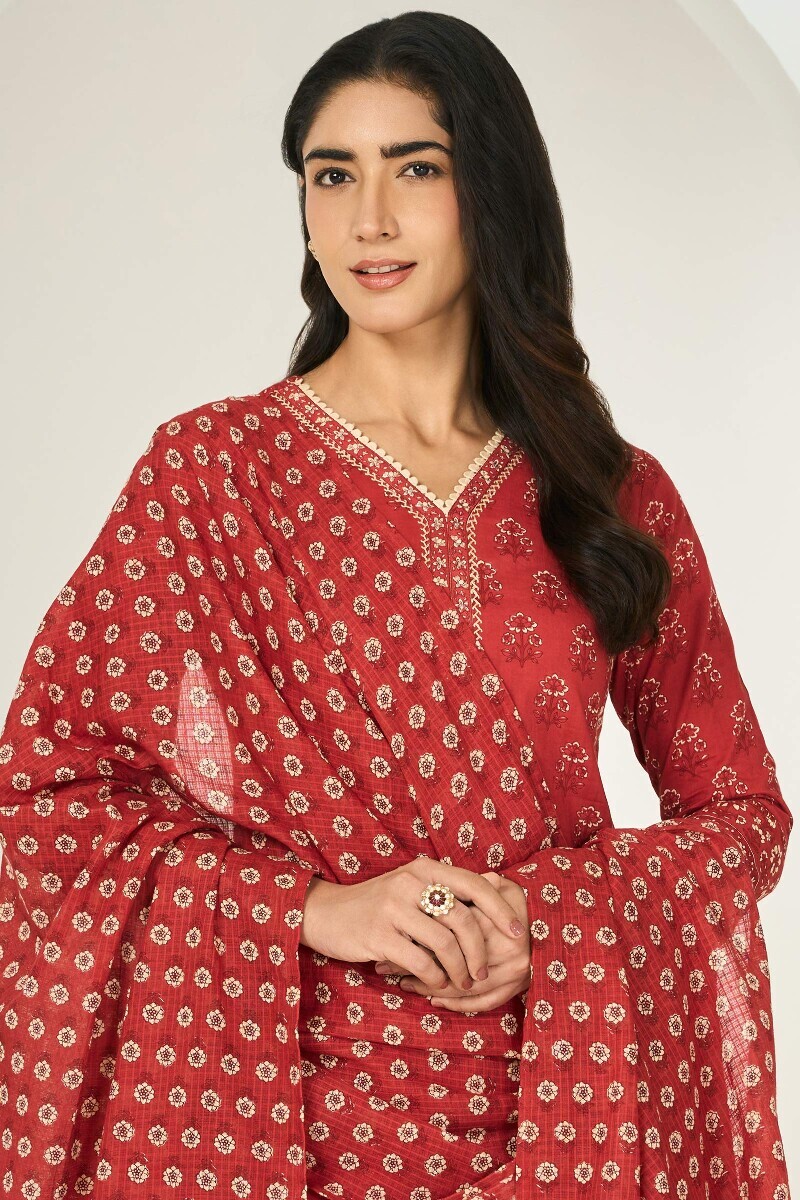 Red Hand Printed Kota Dupatta