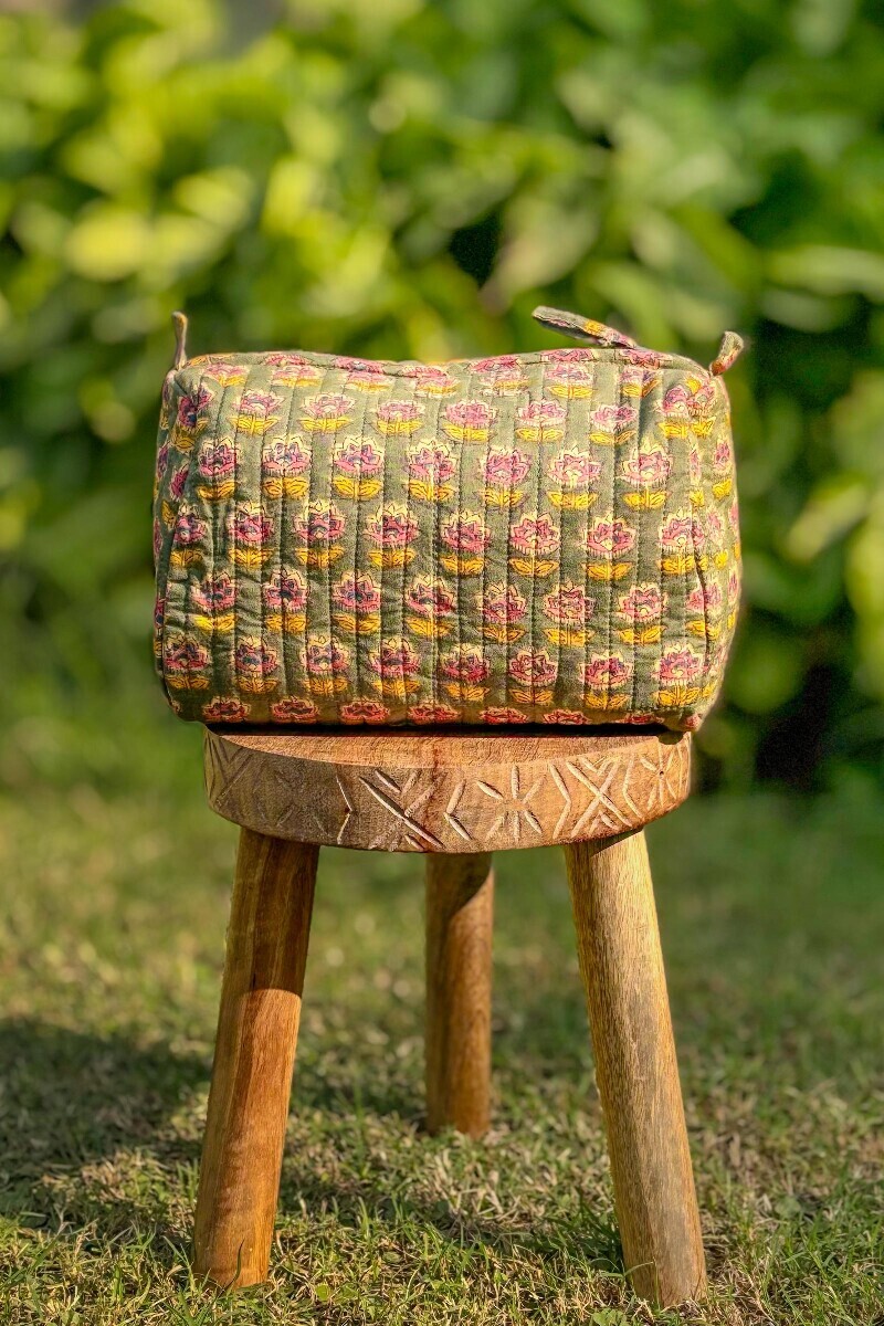 Green Hand Block-Printed Cotton Vanity Pouch