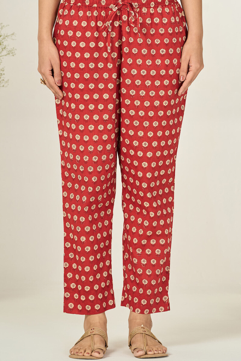 Red Hand Printed Cotton Narrow Pants