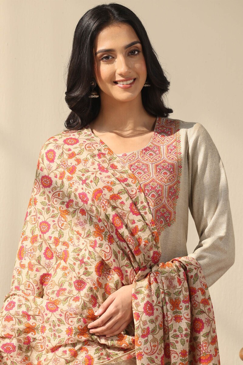 Beige Printed Kota Dupatta