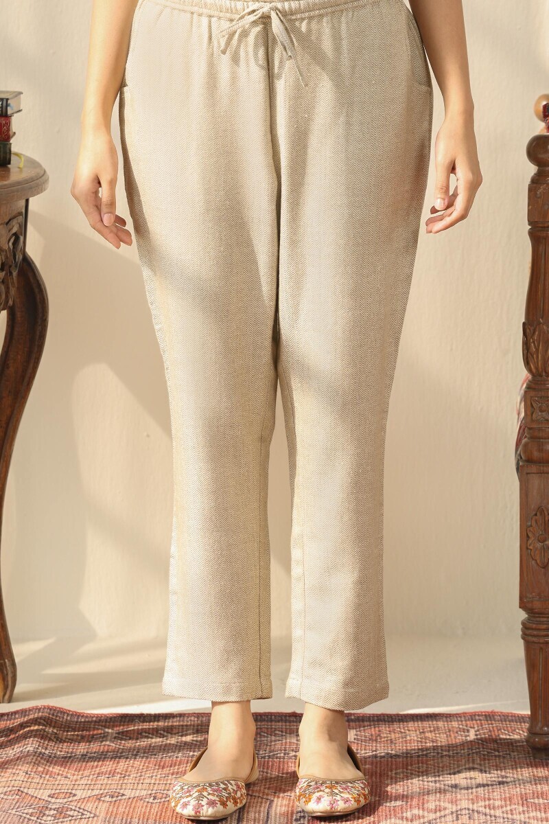 Beige Handcrafted Faux Wool Narrow Pants