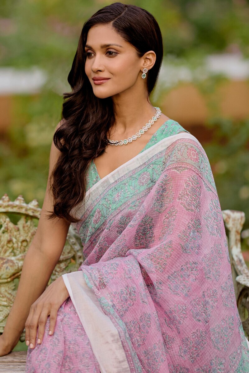 Purple Block Printed Kota Silk Saree