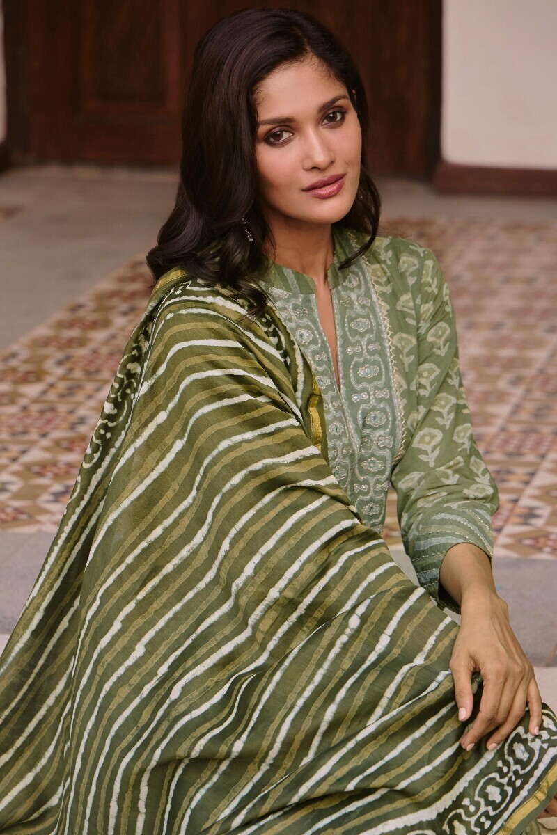 Green Hand Block Printed Chanderi Dupatta