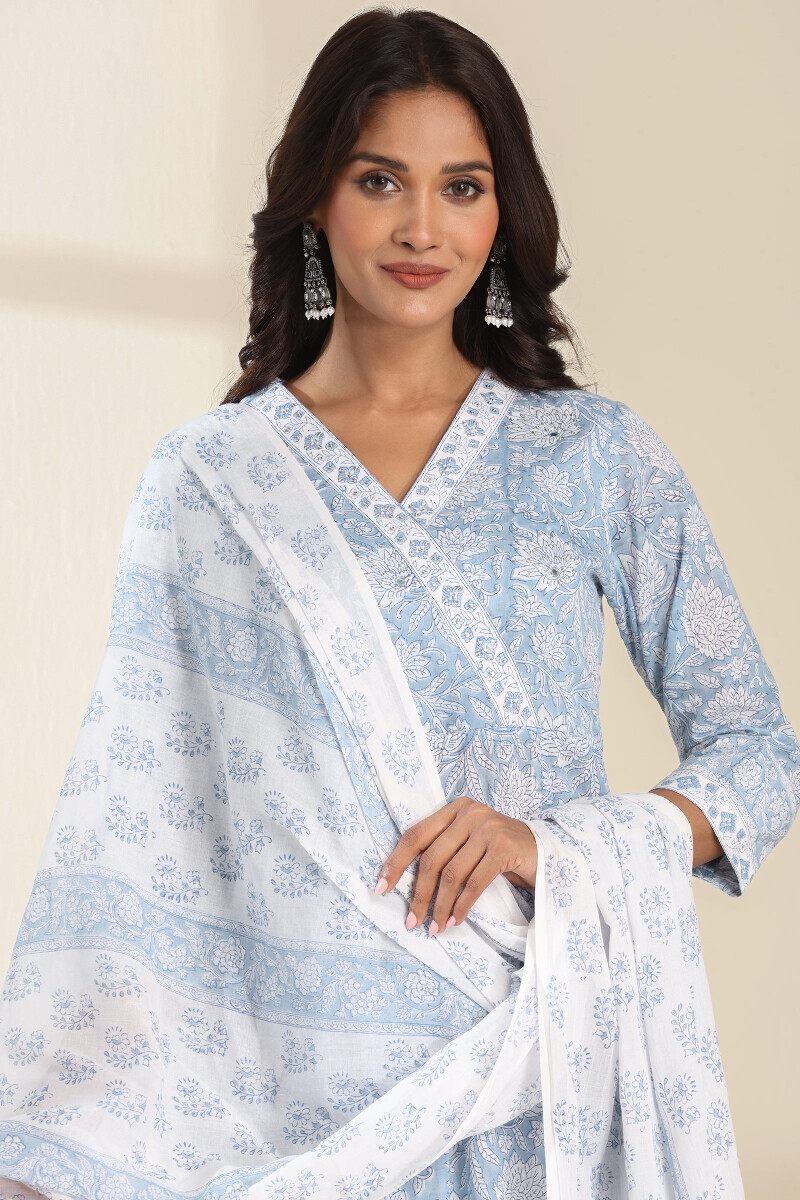 White Hand Block-Printed Cotton Dupatta