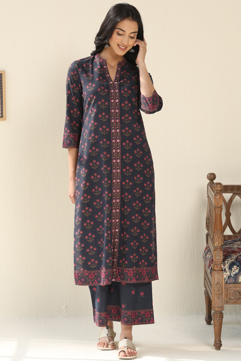 Navy Blue Printed Straight Cotton Kurta