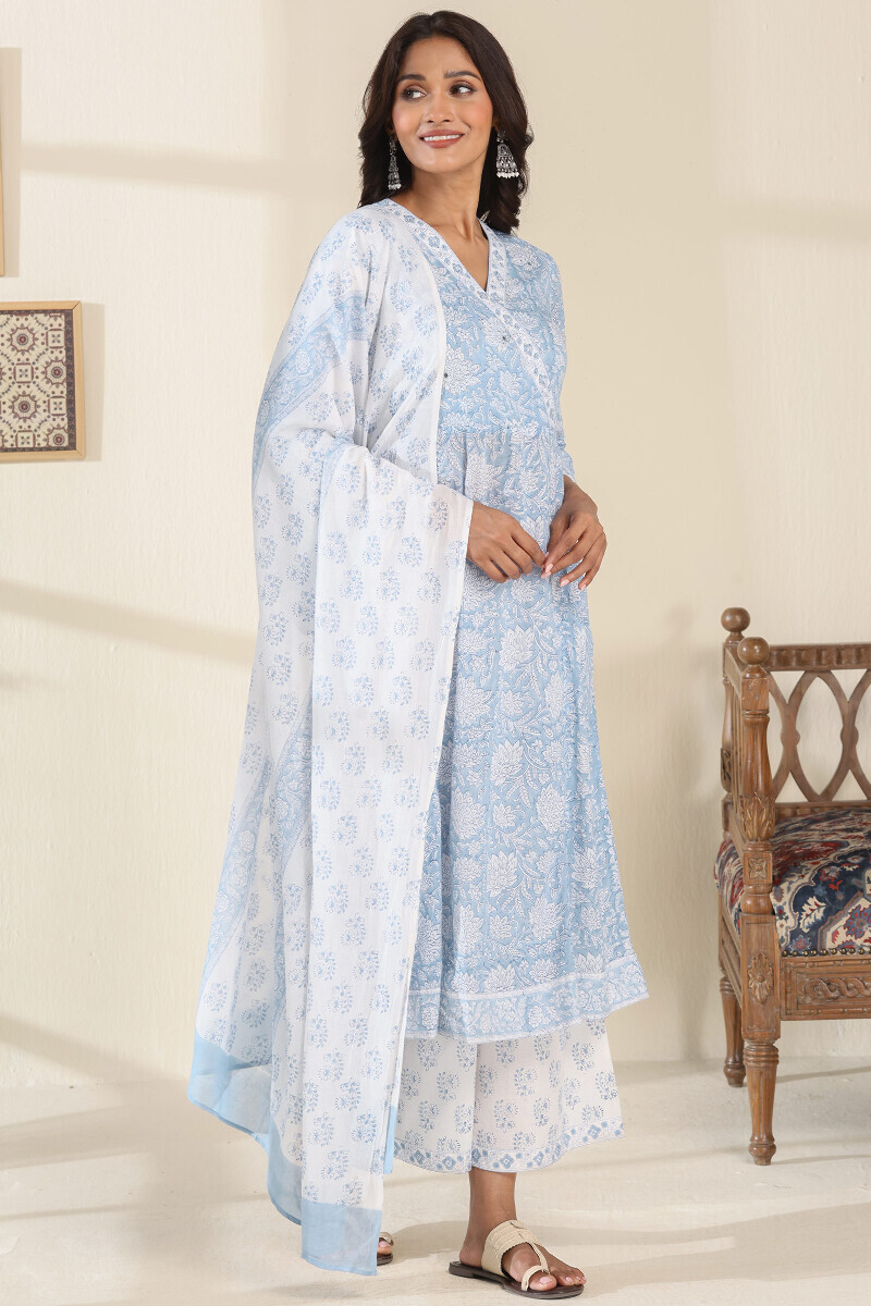 Blue Hand Block Printed A-Line Cotton Mul Kurta