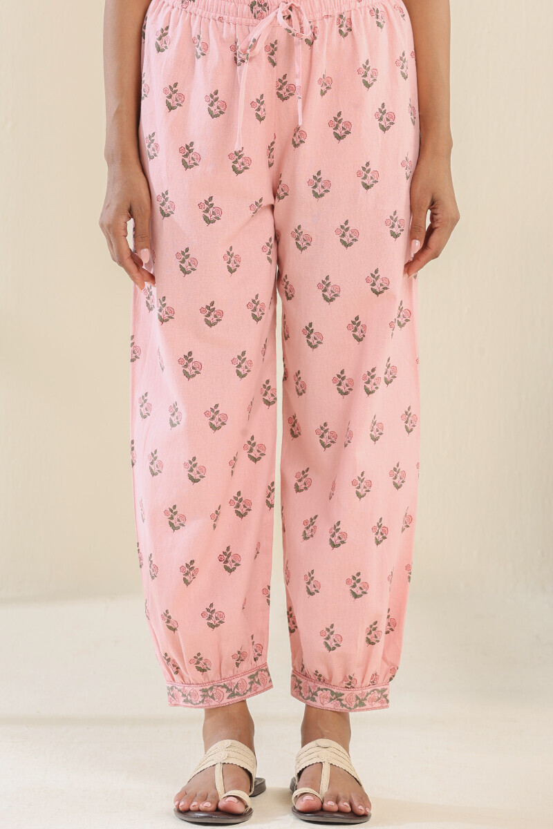 Pink Hand Block Printed Cotton Flax Izhaar Pants
