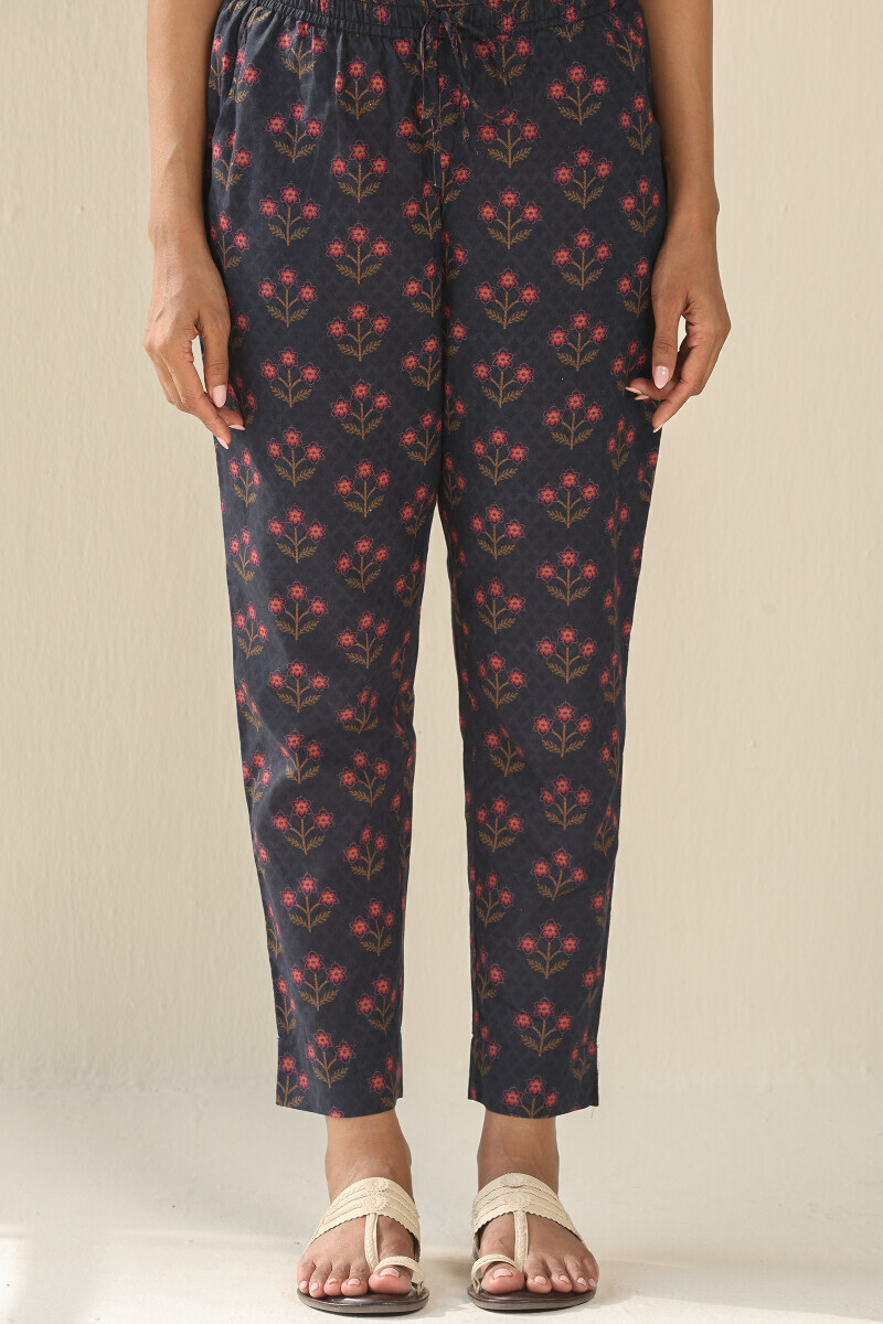 Navy Blue Printed Cotton Narrow Pants