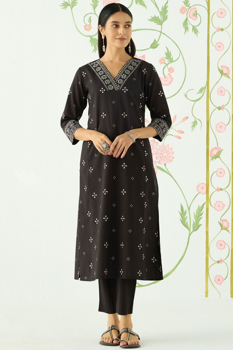 Black Hand Printed Straight Cotton Kurta