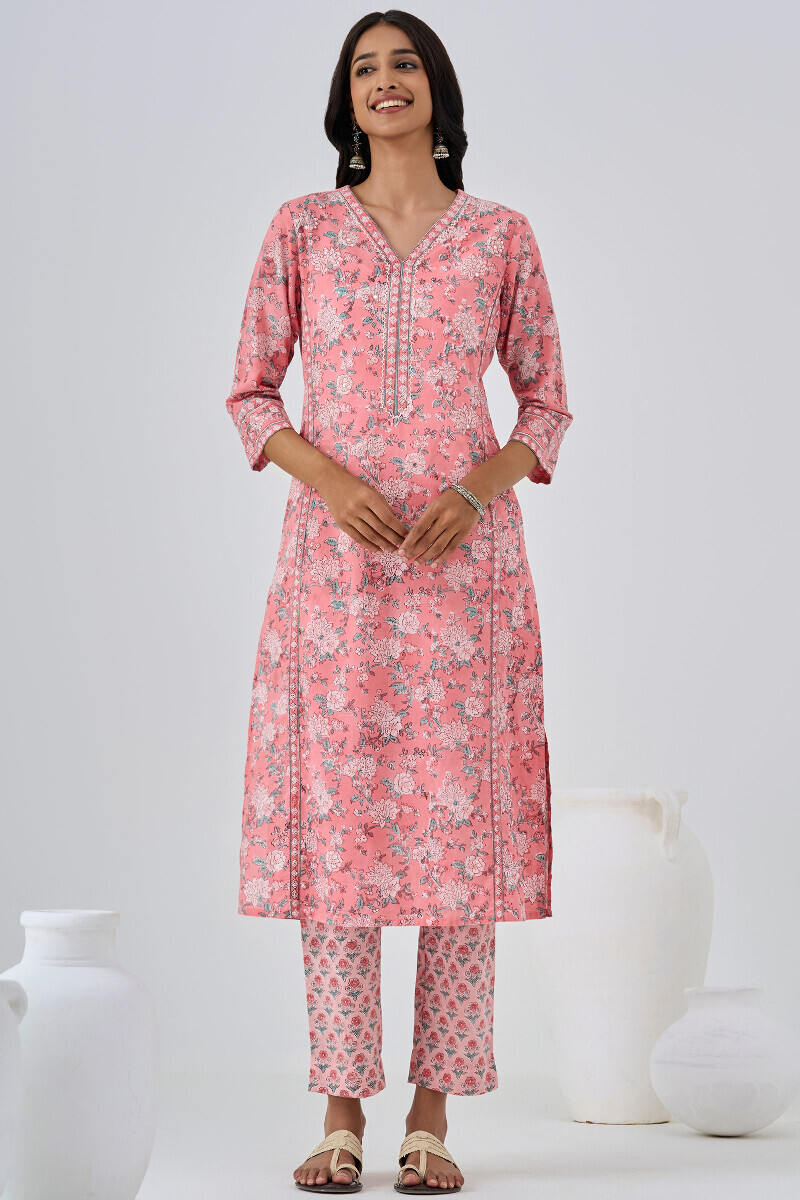 Pink Hand Block Printed Straight Cotton Kurta